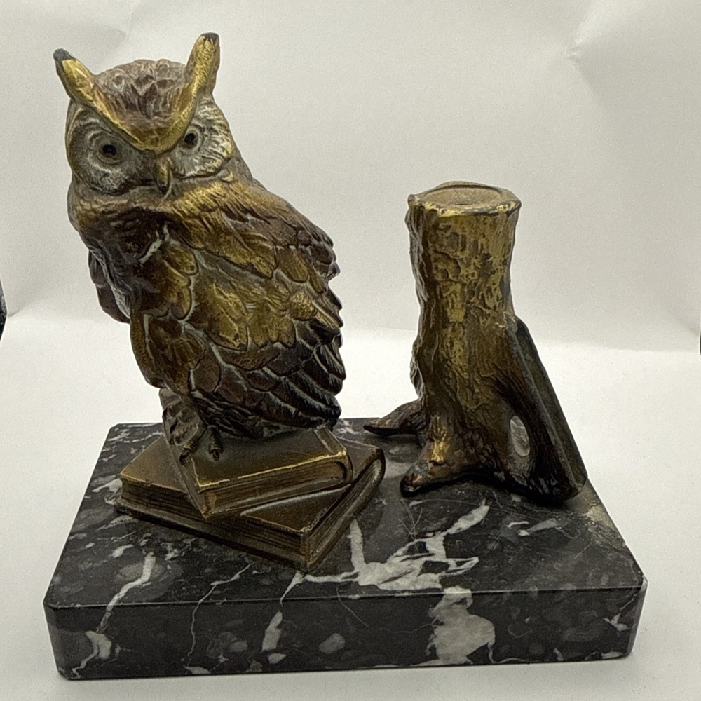 Antique Vienna Cold Painted Bronze Marble Owl Table Lighter Bergman Style